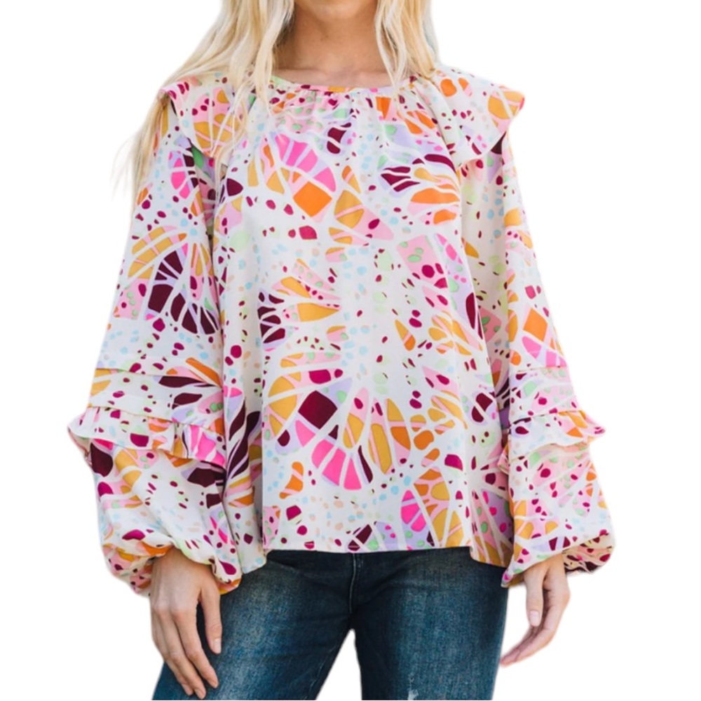 NWOT Oddy Colorful Geometric Pintucked Balloon Sleeve Blouse - L